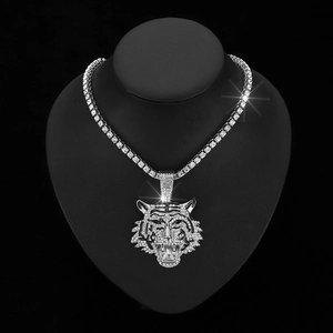 Hip-hop halsketting met tijgerkop hanger en zilveren tennis ketting met steentjes