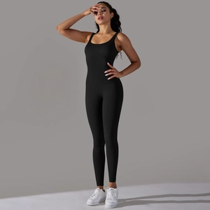 Front full view of seamless ribbed black athletic jumpsuit with sleeveless round neck design
