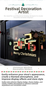 Detail of 2025 Christmas window stickers with festive ornaments on a glass storefront