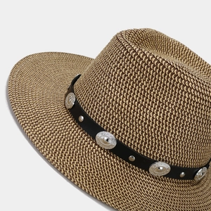 Straw cowboy Panama hat with black leather band and embossed silver metal studs