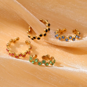 Set of four 18k gold plated stainless steel open rings with colorful round zircons