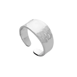 Close-up of silver stainless steel open ring featuring a unique hammered metal texture