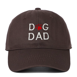 Dark brown cotton baseball cap featuring Dog Dad embroidery and red paw print detail