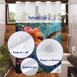 Detail showing waterproof floral shower curtain with snap-in liner and magnetic bottom