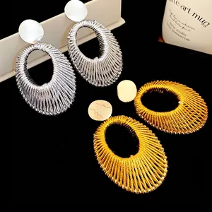 Boucles D'oreilles Pendantes Ovales Creuses Avec Tige En Argent Sterling 925 Texture Tissée Style Géométrique