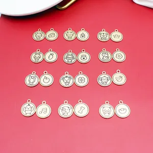 Round Chinese Zodiac Charms Alloy Gold Plated Double Sided Cartoon Animal Pendants For DIY Jewelry Making Accessories
