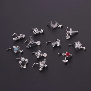 Titanium steel nose studs set featuring moon, star, and heart zircon pendants