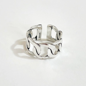 Retro S925 sterling silver wide chain link open ring with vintage Thai silver finish