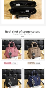Detail view of the multi-pocket interior structure and four color options for the handbag