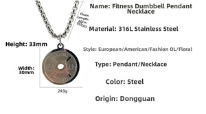 Detailed size specifications of the stainless steel fitness barbell plate pendant necklace