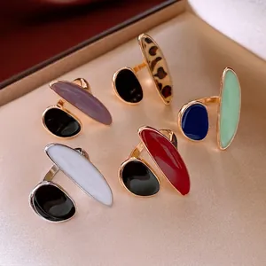 Vintage Asymmetric Open Ring Alloy Leopard Print Enamel Geometric Adjustable Jewelry For Women Retro Fashionable Elegant