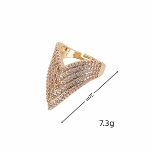 Sparkling gold V-shaped adjustable ring with cubic zirconia stones and 2cm width
