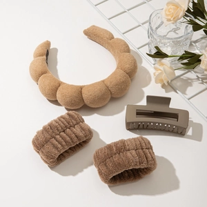 Neutral earth tones hair accessory set with sponge headband and coral fleece wristbands