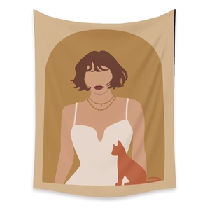Detail of bohemian tapestry featuring minimalist woman and orange cat illustration