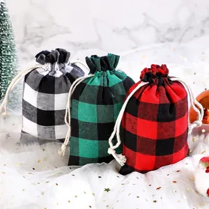 Christmas buffalo plaid cotton drawstring gift bags in red, green and black color styles