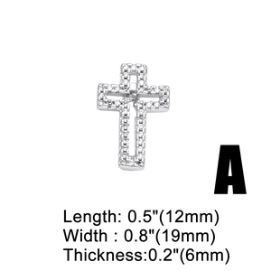 Detailed view of silver cross charm with zircon stones showing dimensions 19x12x6mm