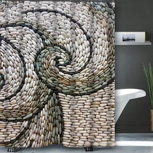 Detailansicht Duschvorhang mit minimalistischem Kieselwirbelmuster in neutralen Grautönen
