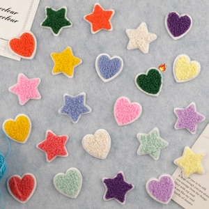 Chenille Patches Heart Star Shape Embroidered Applique Iron On Self Adhesive For Clothing DIY Decoration Multi Color