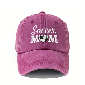 Close-up of Soccer MOM embroidery and heart soccer ball on washed cotton baseball cap