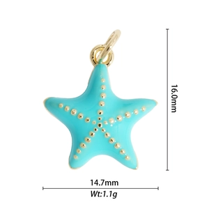 Detailed macro view of cyan enamel starfish charm with dimensions 16.0mm x 14.7mm