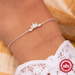 Elegant S925 sterling silver crown bracelet with marquise-cut zircons for women