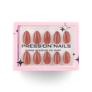 Solid brown almond-shaped press-on nails in a minimalist pink display window box