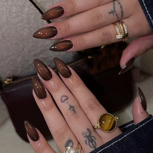 Almond Shape Press On Nails Amber Brown Cat Eye Gradient Glossy Smudge Manicure For Women