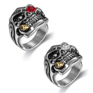 Men Skull Ring 316 Stainless Steel With Gold Pipe Cubic Zirconia Eyes Punk Gothic Biker Jewelry