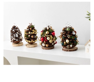 Close-up of four mini natural pinecone Christmas trees with colorful beads and wooden bases