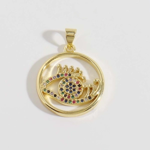 Gold plated 18K evil eye pendant with colorful zircon stones in a circular frame