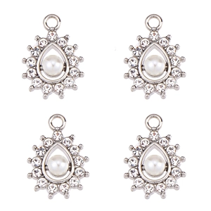 Detailed view of four silver-tone pearl and rhinestone drop charms for DIY jewelry