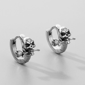 Gothic skull and rose stud earrings in vintage silver punk style for men and women