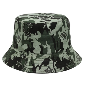 Detail of camouflage bucket hat featuring embroidered star and SPECIAL graphic design