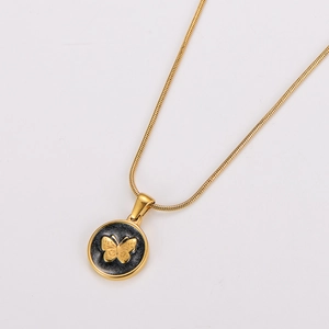 Golden snake chain necklace with round black pendant featuring a golden butterfly motif