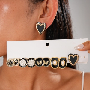 Vintage Alloy Rhinestone Enamel Earrings With Silver Earring Post Black Gold Flower Butterfly Heart Geometric Jewelry