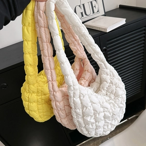 Chic quilted cloud tote bags in yellow pink and white fluffy padded shoulder bag style