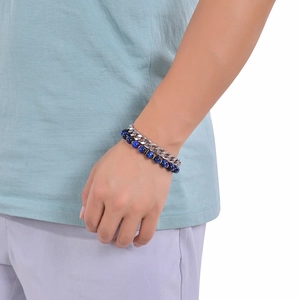 Bracelet pour homme double rang avec perles œil de tigre bleues et chaîne acier argent