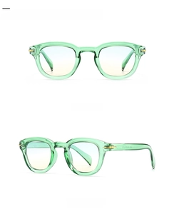 Front and 45-degree side view of vintage round sunglasses in light green translucent frames