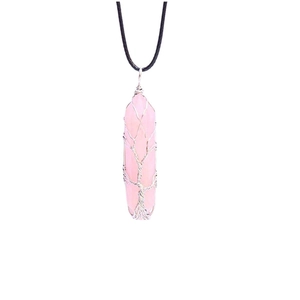 Pink quartz hexagonal pendant necklace with silver wire-wrapped tree of life design