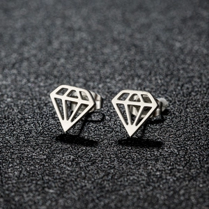 Minimalist silver stainless steel diamond-shaped stud earrings with geometric cutout design