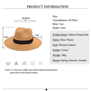 Straw Panama hat in khaki with black band, showing 56-58cm size and 7cm brim dimensions