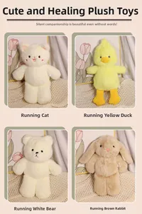 Group of four soft plush animals including a cat, duck, bear and rabbit in cozy home setting