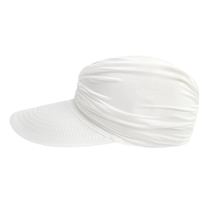 Detail of white pleated sun visor hat with wide brim and textured fabric for women