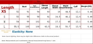 Detailed size guide table for women's woven jacket with length and weight measurements