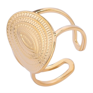 Gold stainless steel adjustable ring with engraved oval disc and textured finish