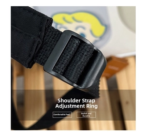 Detail of durable matte black adjustable strap buckle with high-density woven strap