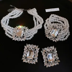 French style multi-layer pearl jewelry set with large zircon pendant necklace and earrings