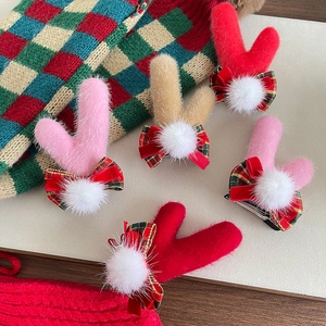Barrettes de Noël mignonnes avec bois d'élan en peluche et nœuds écossais pour filles
