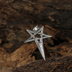 Silver stainless steel viking inverted pentagram and eye of horus pendant on wood background