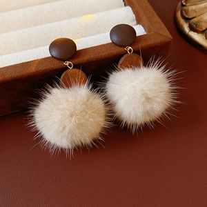 Winter plush ball drop earrings with wood disc and silver needle in beige and brown